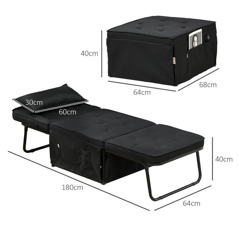 4-in-1 Folding Chair Bed w/ Pillow & Pockets – Recliner, Ottoman, Sleeper