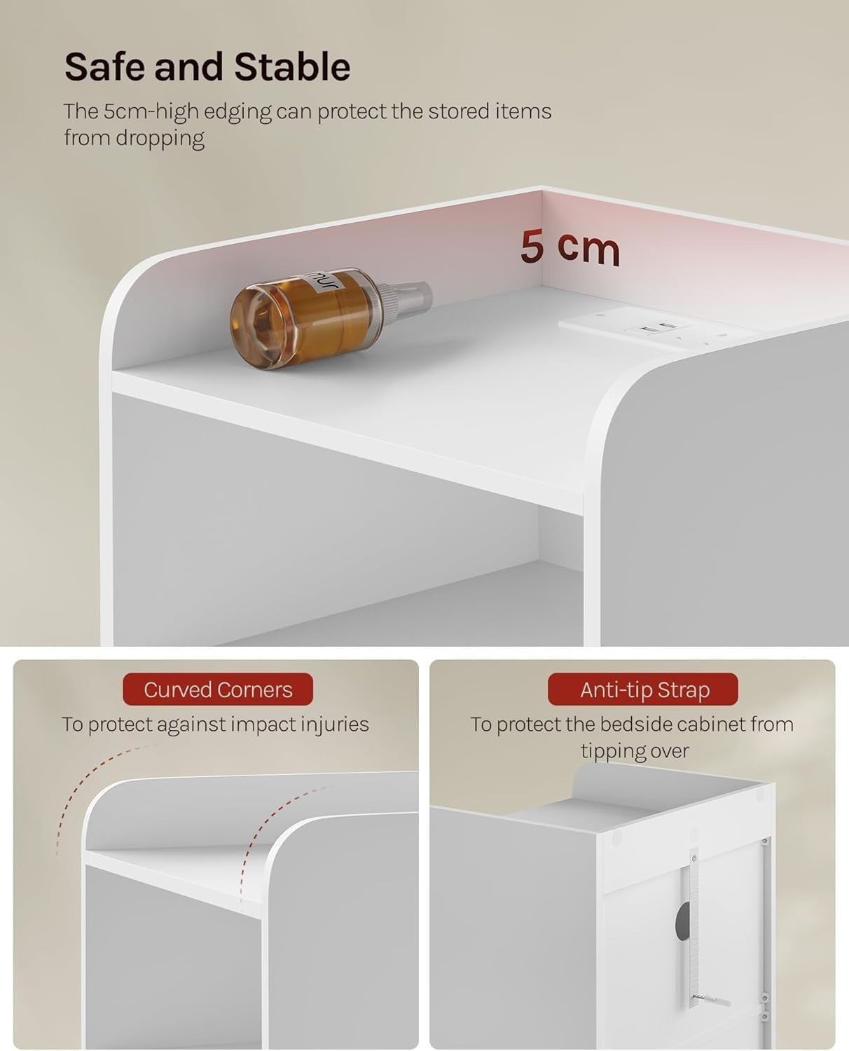 Set of 2 Smart Bedside Tables with USB Ports, LED Lights & 2 Drawers, White