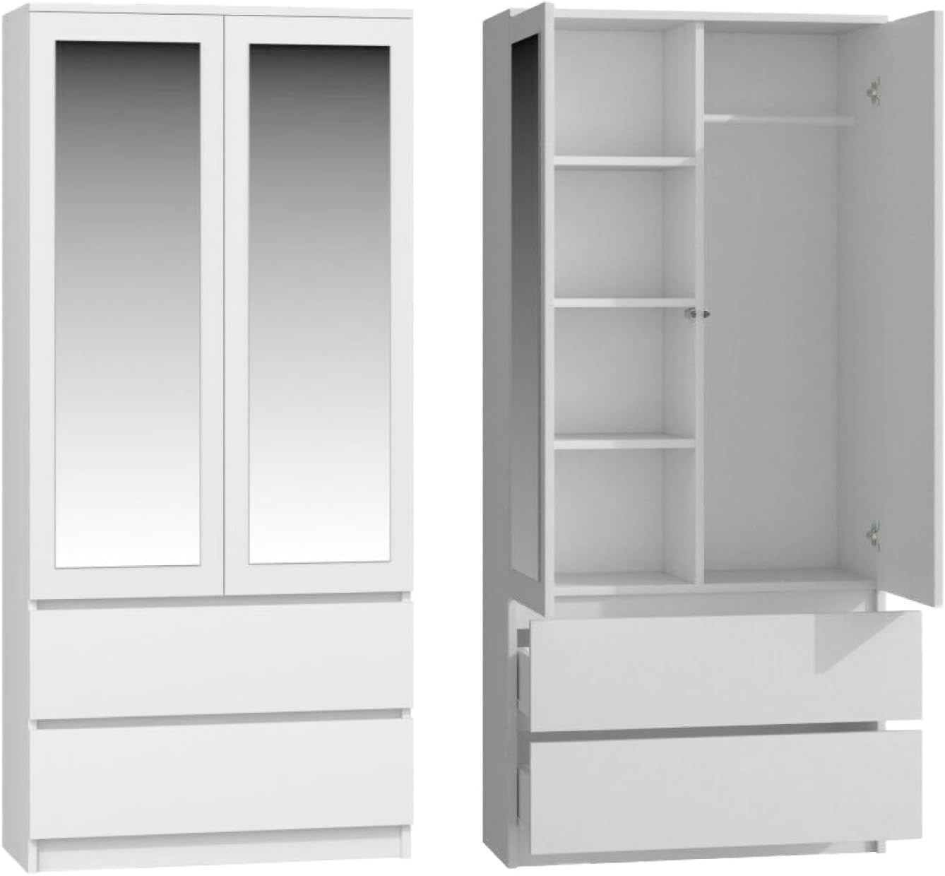 White Modern Double Wardrobe with Mirror & Drawers - Bedroom Storage