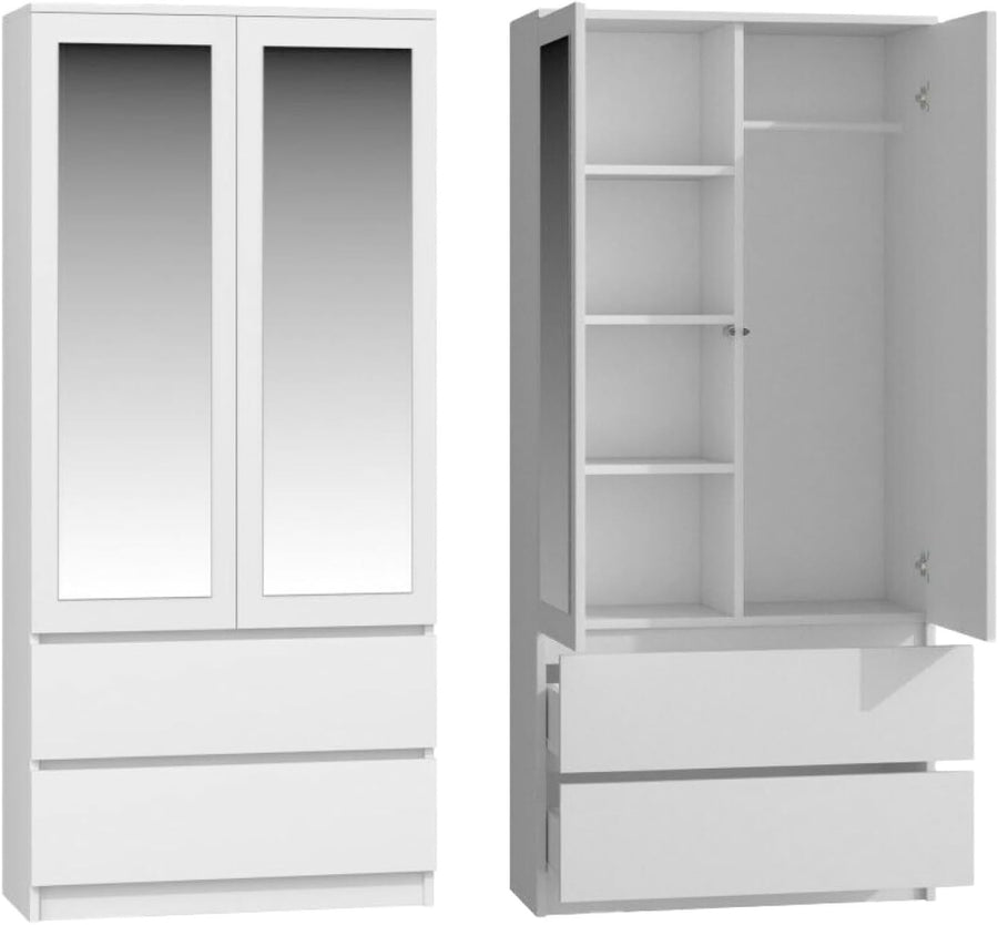 White Modern Double Wardrobe with Mirror & Drawers - Bedroom Storage