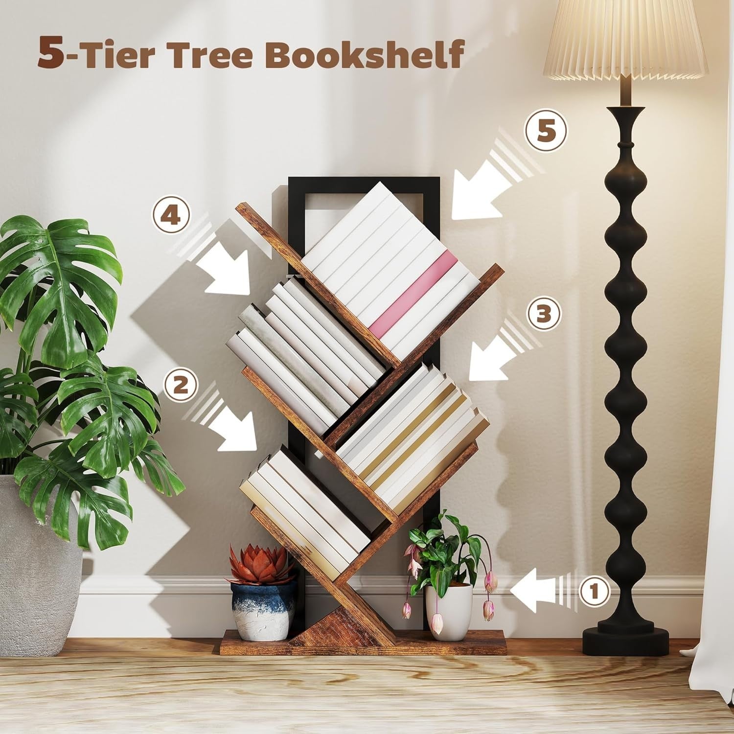 Industrial 5-Tier Tree Bookshelf with Steel Frame, Compact Storage Unit