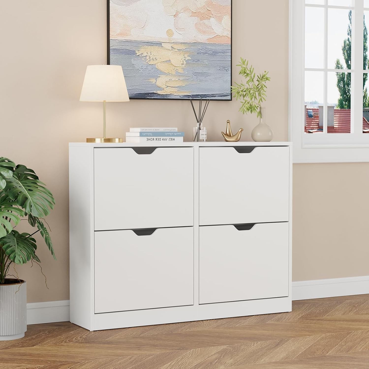Modern White Shoe Cabinet with 4 Flip Drawers – Slim Storage for Hallway