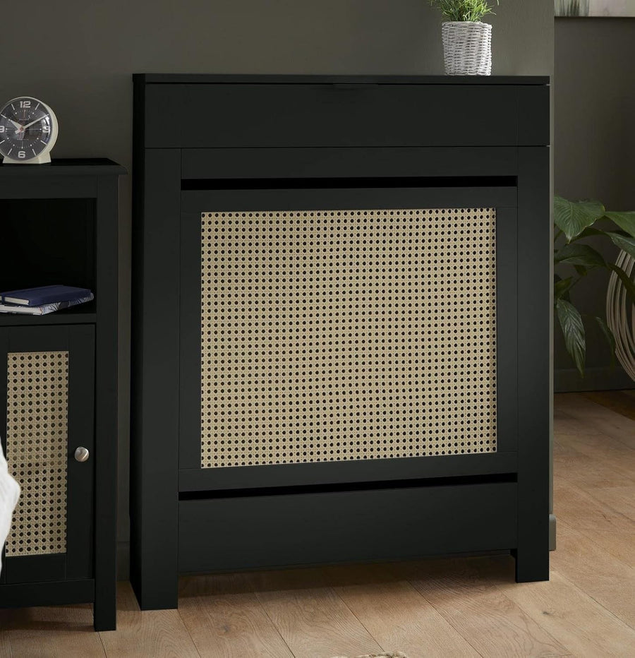 Black Radiator Cover Cabinet with Rattan Panels Storage Shelf & Drawers