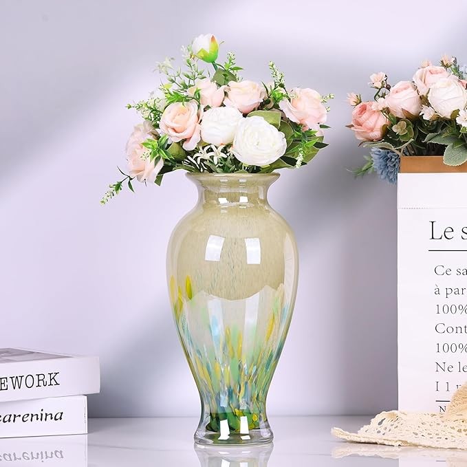 Hand Blown Glass Vase Tall 30cm Green Art Flower Vase Table Centerpiece