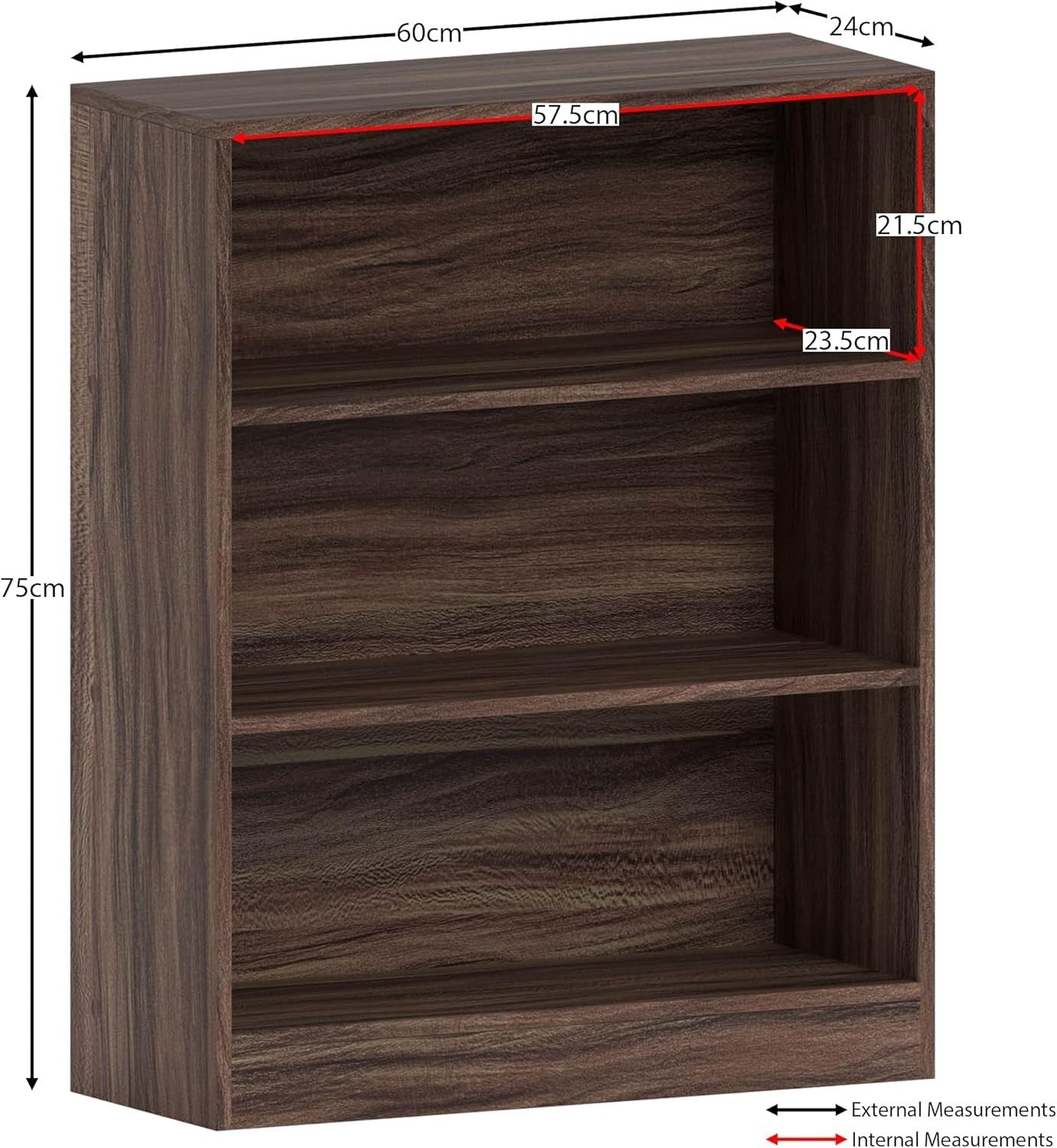 3 Tier Walnut Wooden Bookcase Modern Storage Display Shelf for Living Room Low