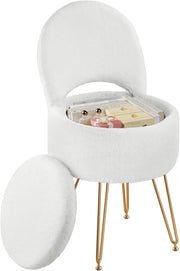White Velvet Vanity Chair Large with Storage Foldable Backrest Footstool