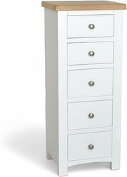 White 5 Drawer Tallboy Chest Slim Storage Bedroom Cabinet 116cm High