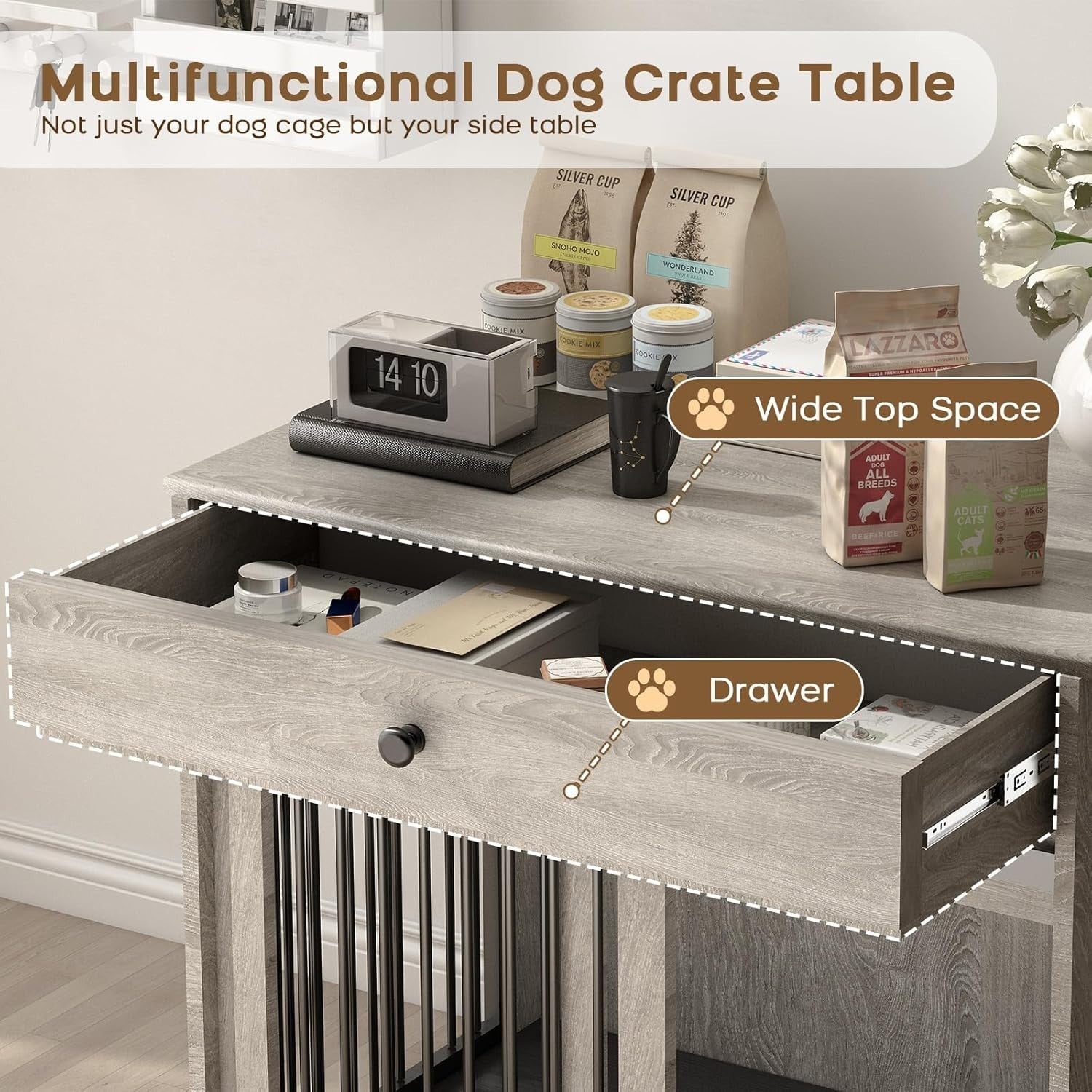 Large Indoor Wooden Dog Crate with Sliding Doors, Drawer & Rotatable Bowl
