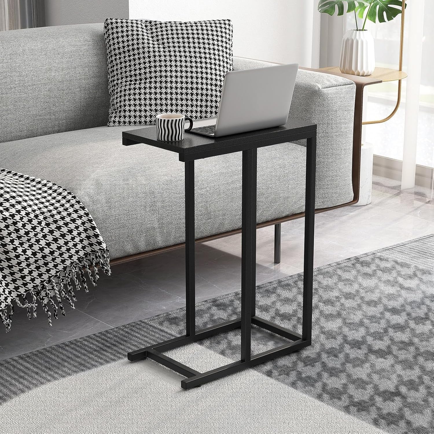 C-Shaped Side Table Black | Industrial Sofa Snack Laptop Table for Small Spaces