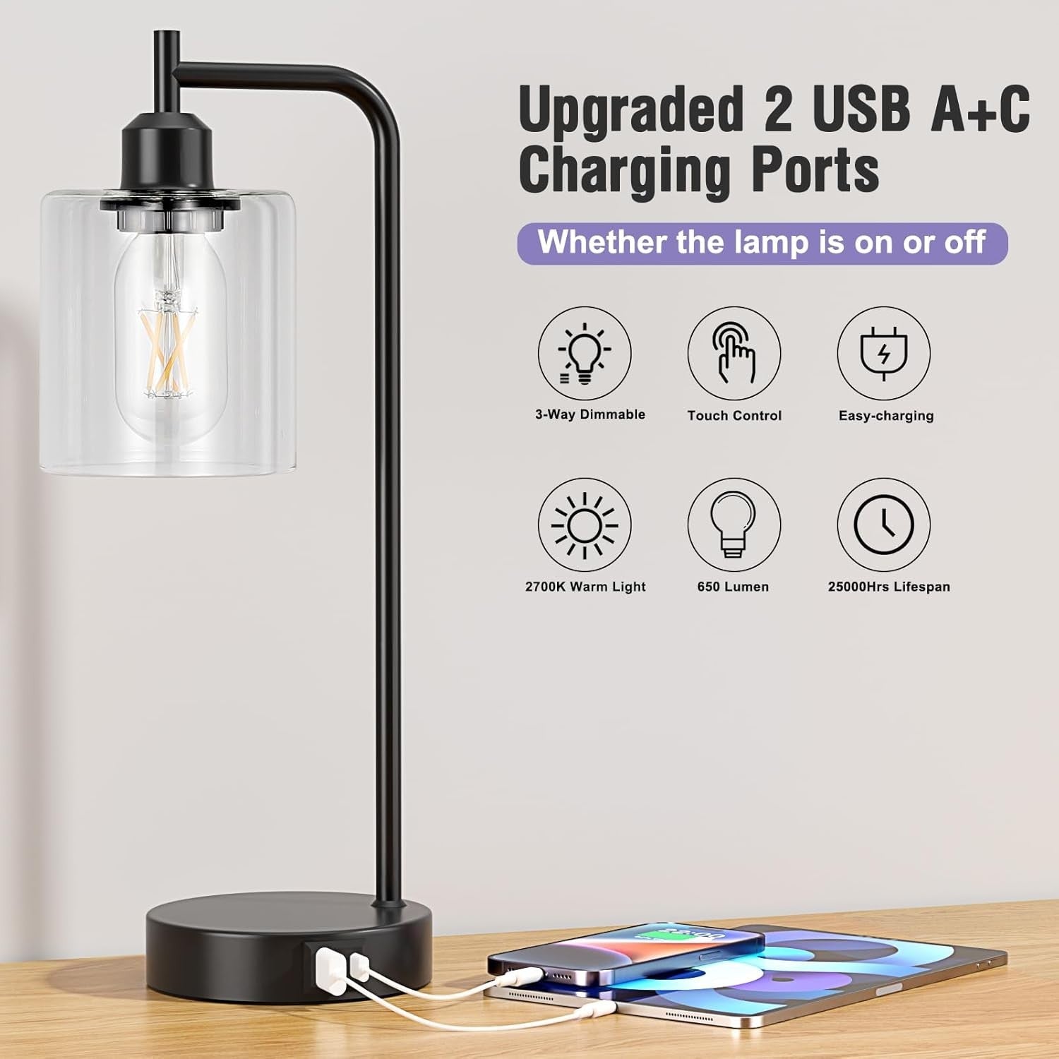 Black Touch Bedside Lamps Set of 2 USB C+A Dimmable Clear Glass
