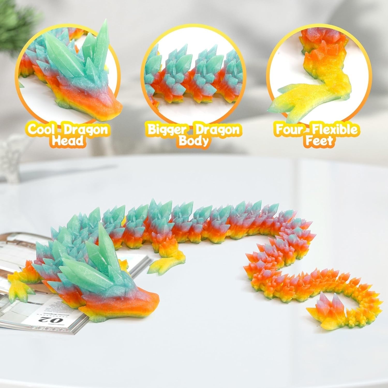 24in Crystal Pearly 3D Printed Dragon Articulated Fidget Fantasy Toy