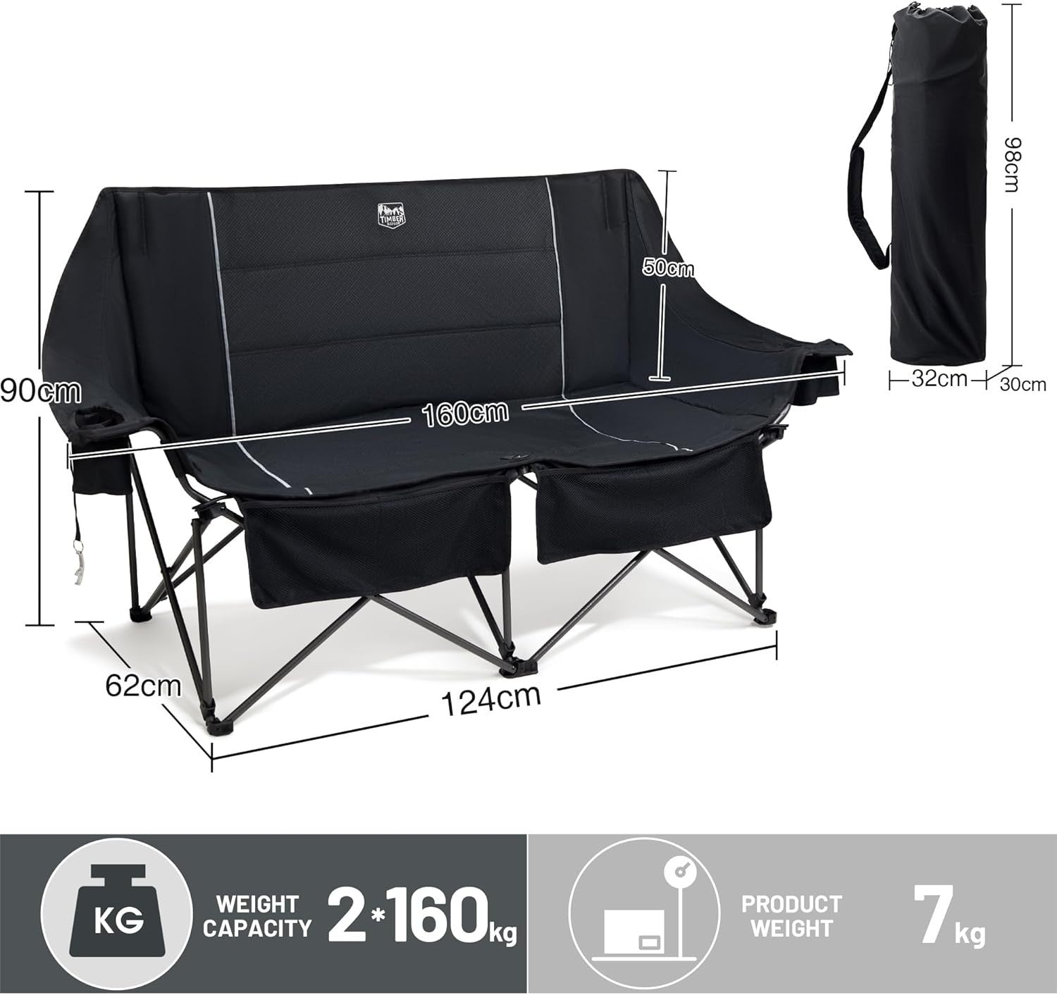 Heavy Duty Folding 2-Seater Camping Chair with Cup Holders & Bottle Opener