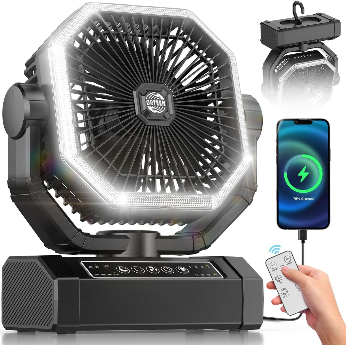 9" Rechargeable Camping Fan – 20000mAh LED 4-Speed w/ Remote for Tent & Travel