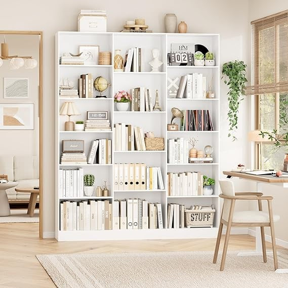 Tall White 6-Tier Bookshelf 188cm Large Display Unit with 17 Shelves for Home