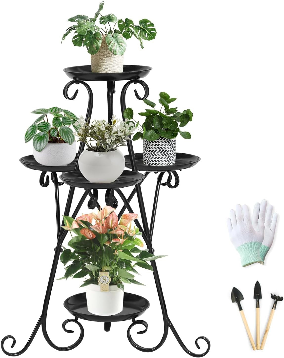 3 Tier Black Metal Plant Stand Indoor Outdoor Flower Pot Shelf with Tools Set
