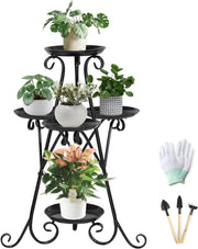 3 Tier Black Metal Plant Stand Indoor Outdoor Flower Pot Shelf with Tools Set