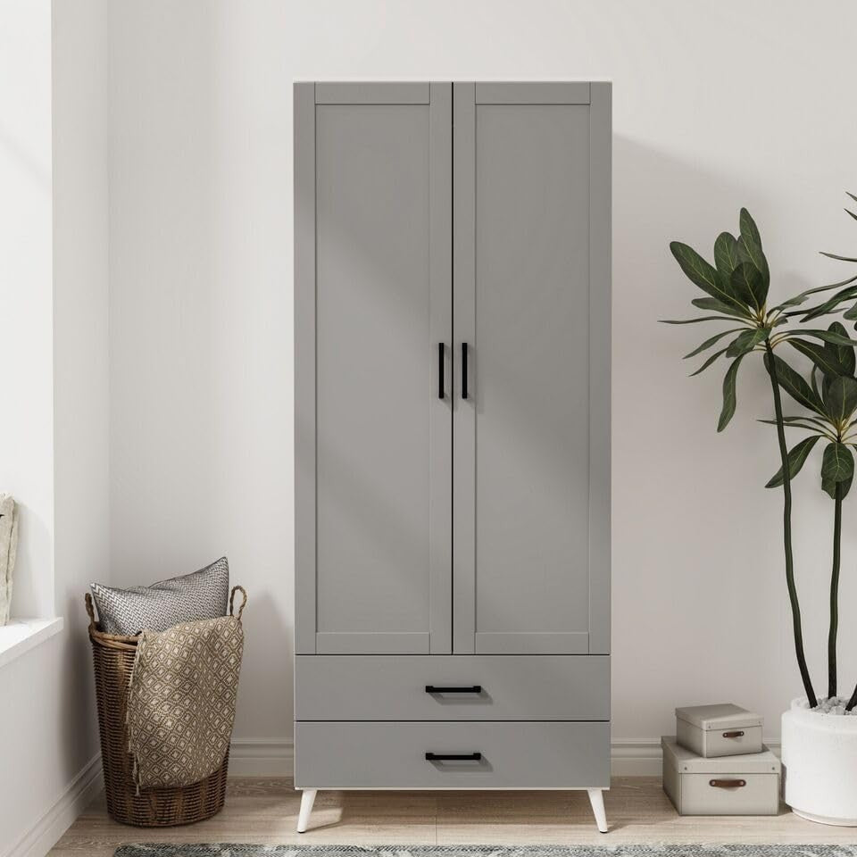 White Grey Modern Wardrobe 2 Doors 2 Drawers Bedroom Clothes Storage Unit