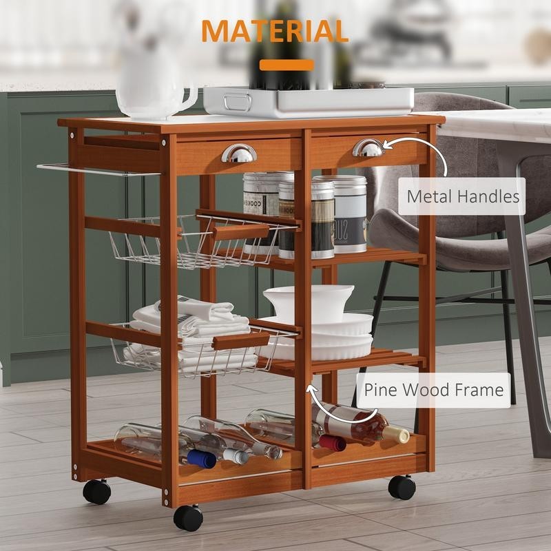 Wooden Kitchen Trolley with Wine Rack, Drawers & Tile Top – Honey Finish