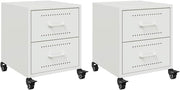 Set of 2 White Metal Bedside Tables with Wheels | Modern Rolling Nightstands