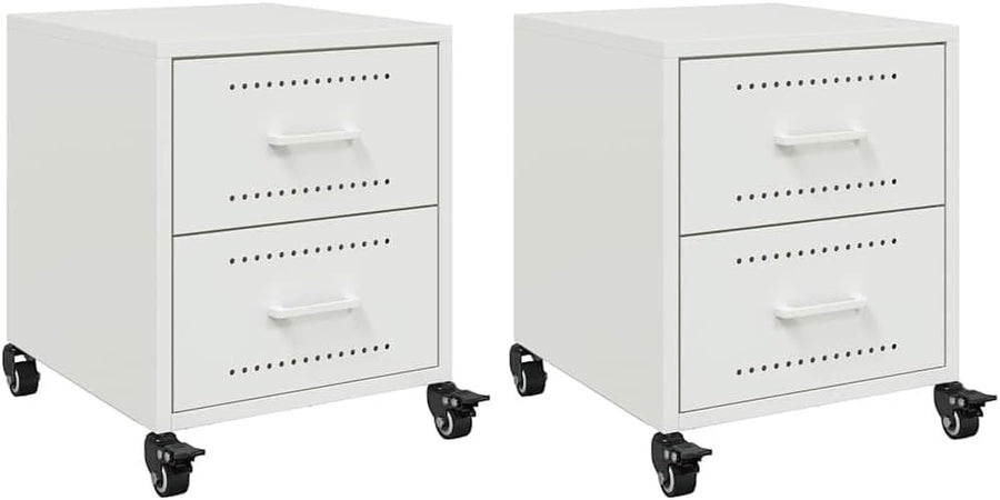 Set of 2 White Metal Bedside Tables with Wheels | Modern Rolling Nightstands
