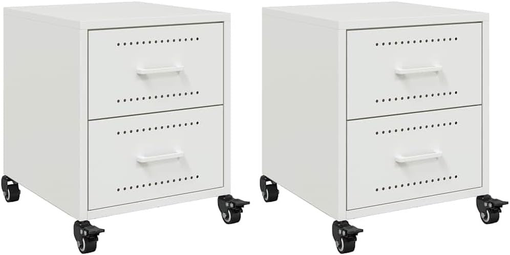Set of 2 White Metal Bedside Tables with Wheels | Modern Rolling Nightstands