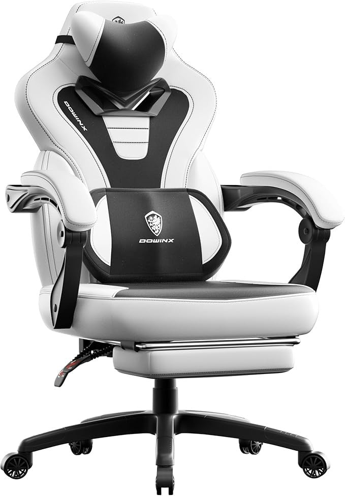 Dowinx Gaming Chair w/ Footrest Heavy Duty White PU Massage