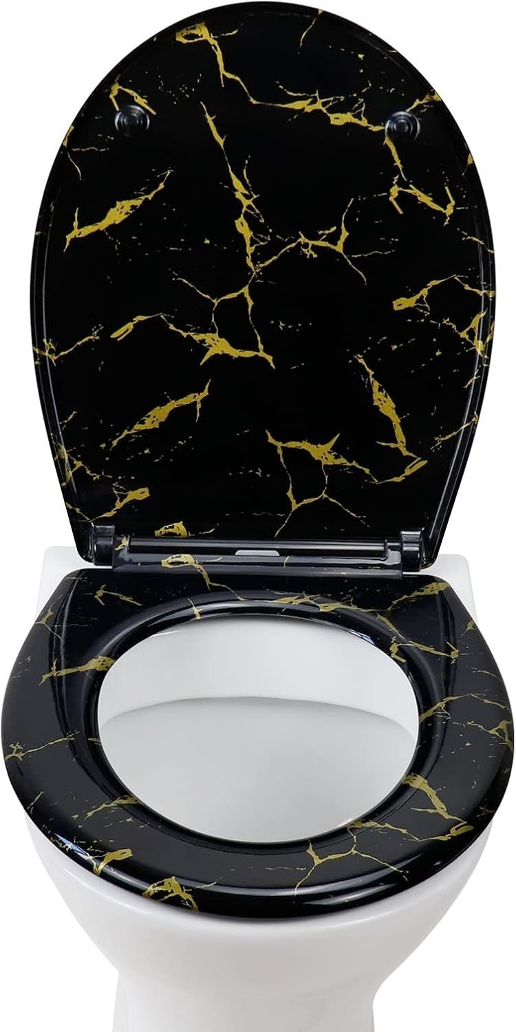 Black Toilet Seat Soft Close Quick Release Gold Glitter Duroplast 45x37cm