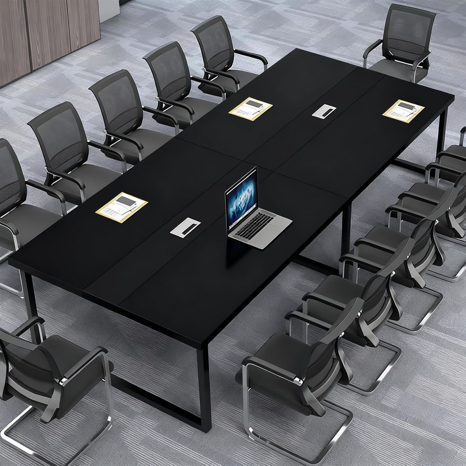Large Black Conference Table Meeting Desk w/ Cable Duct Metal Frame 120×60cm
