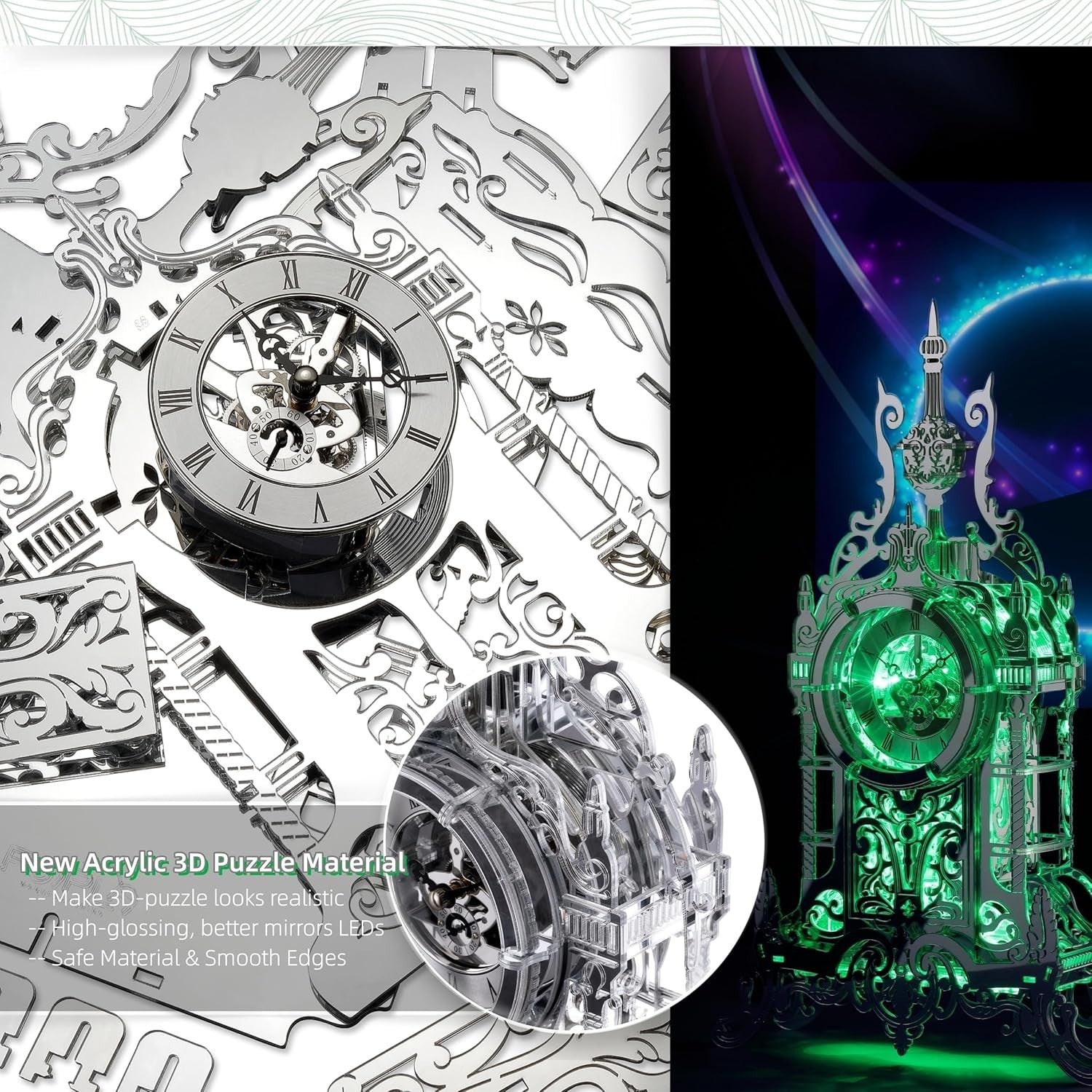 LED 3D Tower Clock Puzzle with Color-Changing Lights, DIY Decor Gift