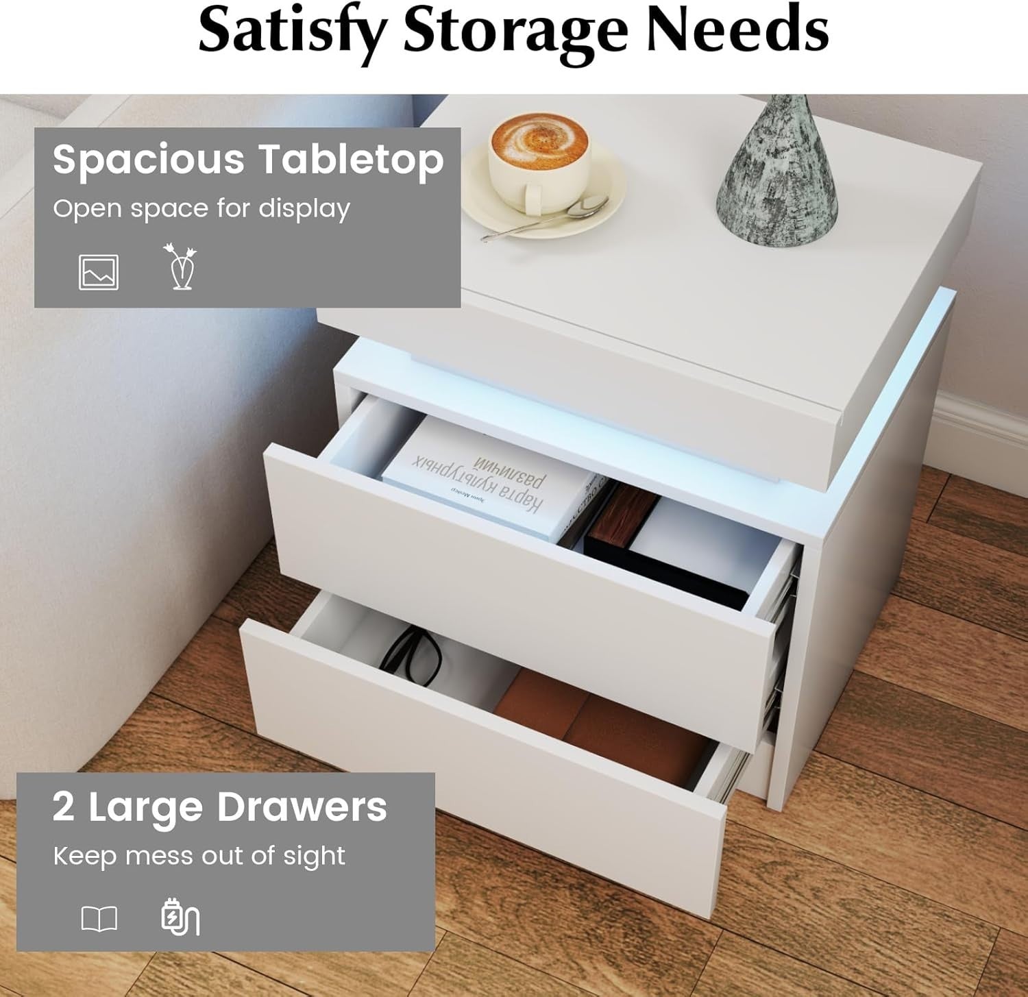 White LED Bedside Table with 2 Drawers, High Gloss Finish & Remote Control Light