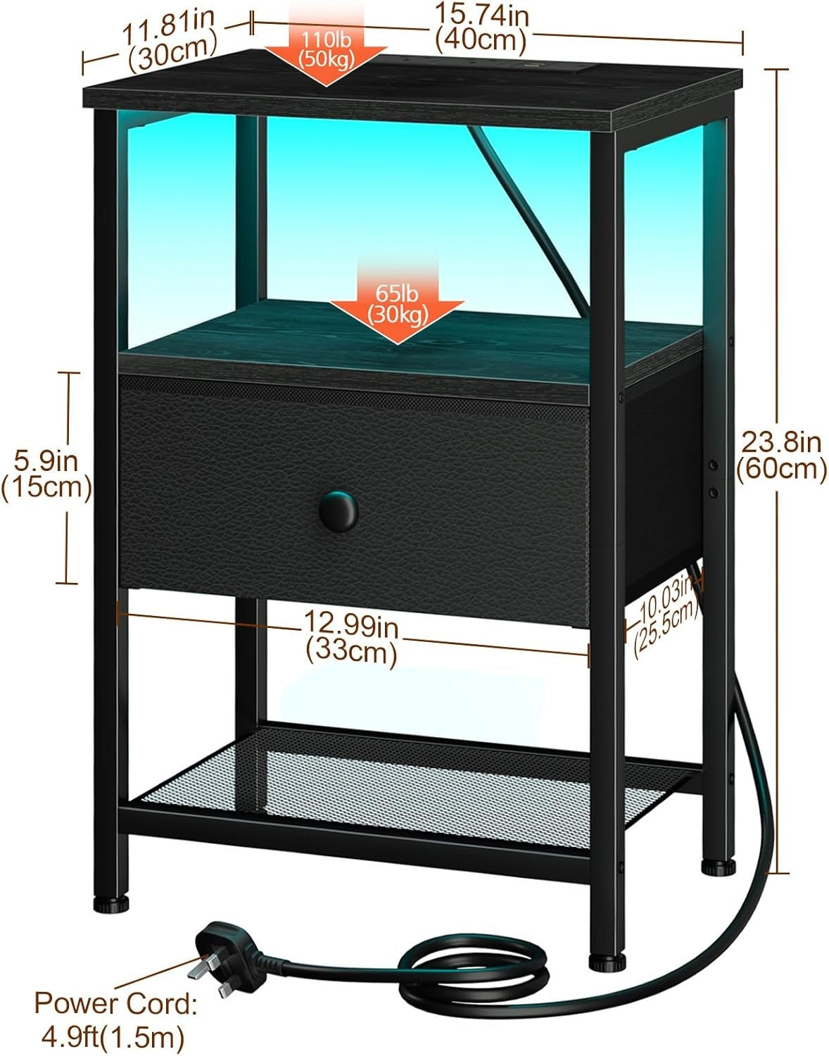 Black LED Bedside Table with Charging Station Drawer & Storage Shelf