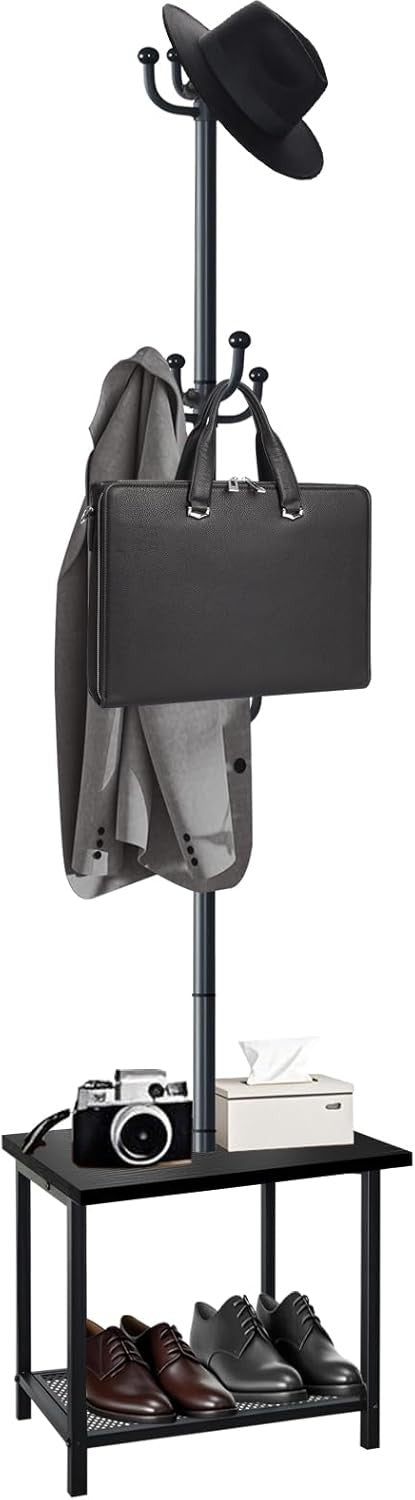 Rustic Black Hall Tree Coat Rack with Bench & Shoe Storage | 12 Hooks Stand