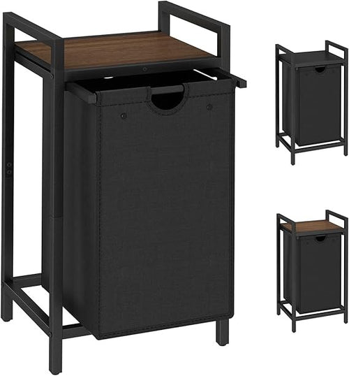 Black Walnut Laundry Hamper with Removable Bag & Wood Top Shelf for Small Spaces