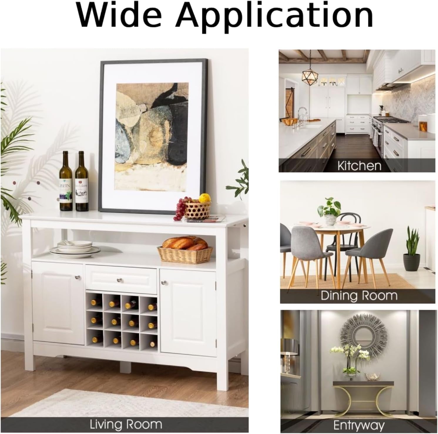 White Wooden Sideboard Buffet Cabinet Wine Rack Bar Drawer Storage