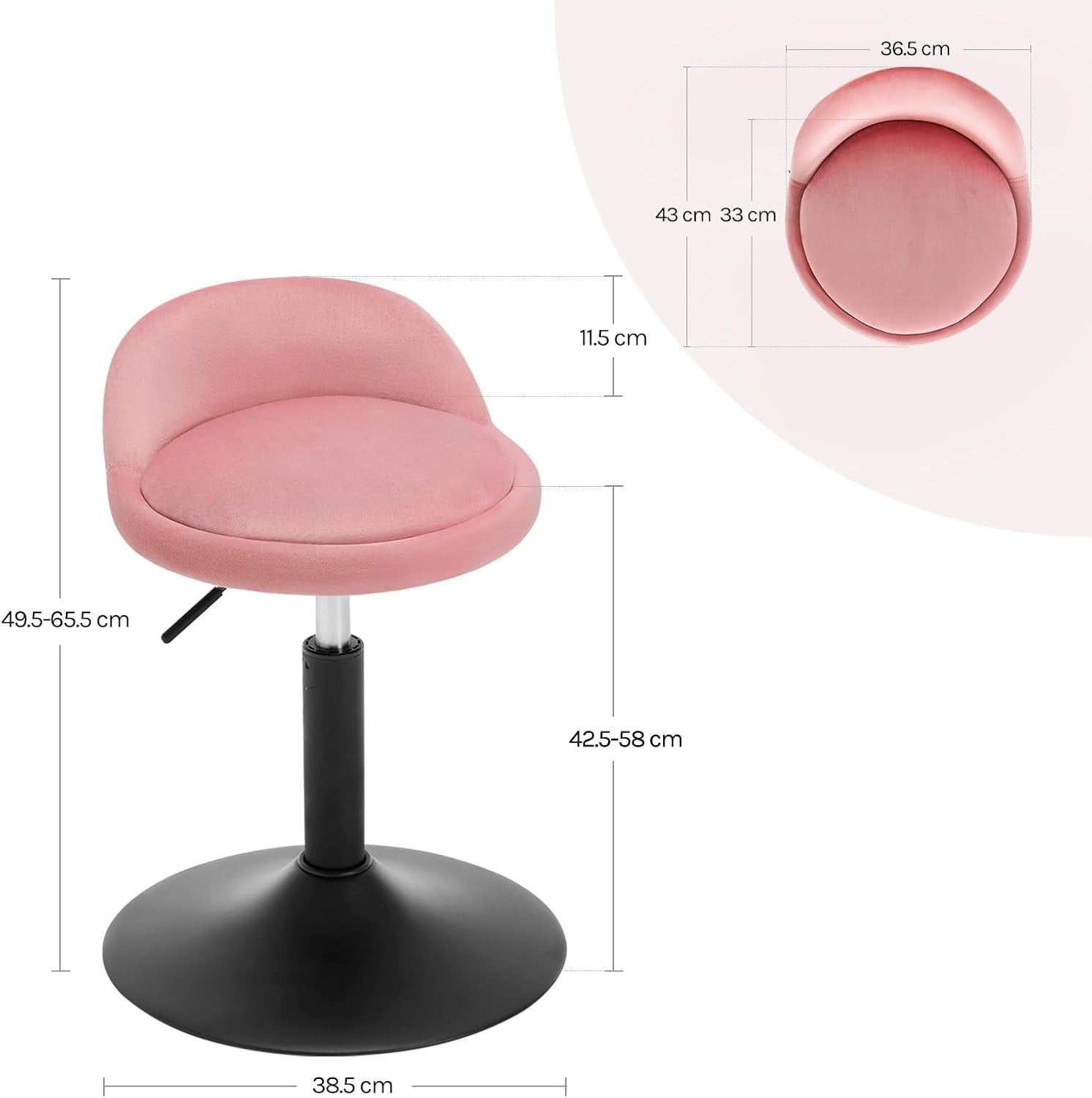 Pink Velvet Swivel Stool Height Adjustable Round Counter Chair Black Base