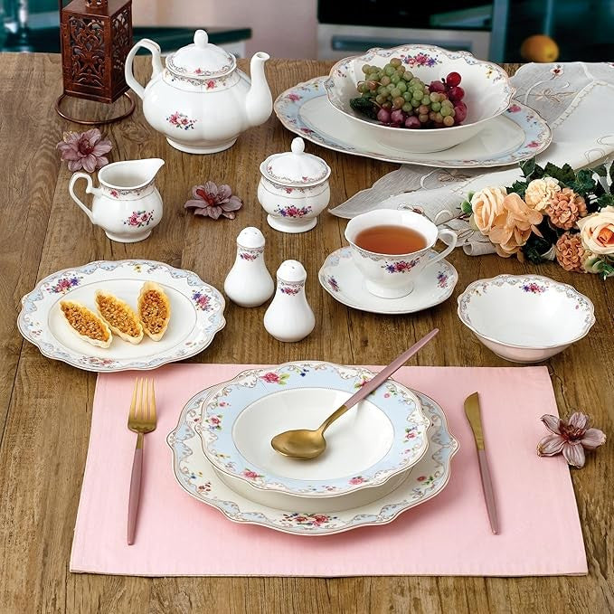 57pc Bone China Dinnerware Set Floral Gold Trim Plates Cups Serving Set