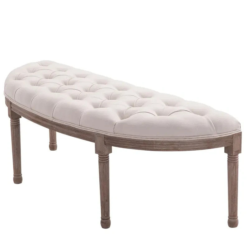 Half-Circle Tufted Ottoman Bench Padded Seat Antique Wood Accent 140cm