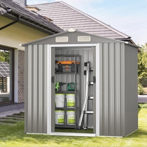 6x4FT Metal Garden Shed with Vents, Sliding Door & Ramp, Waterproof Storage