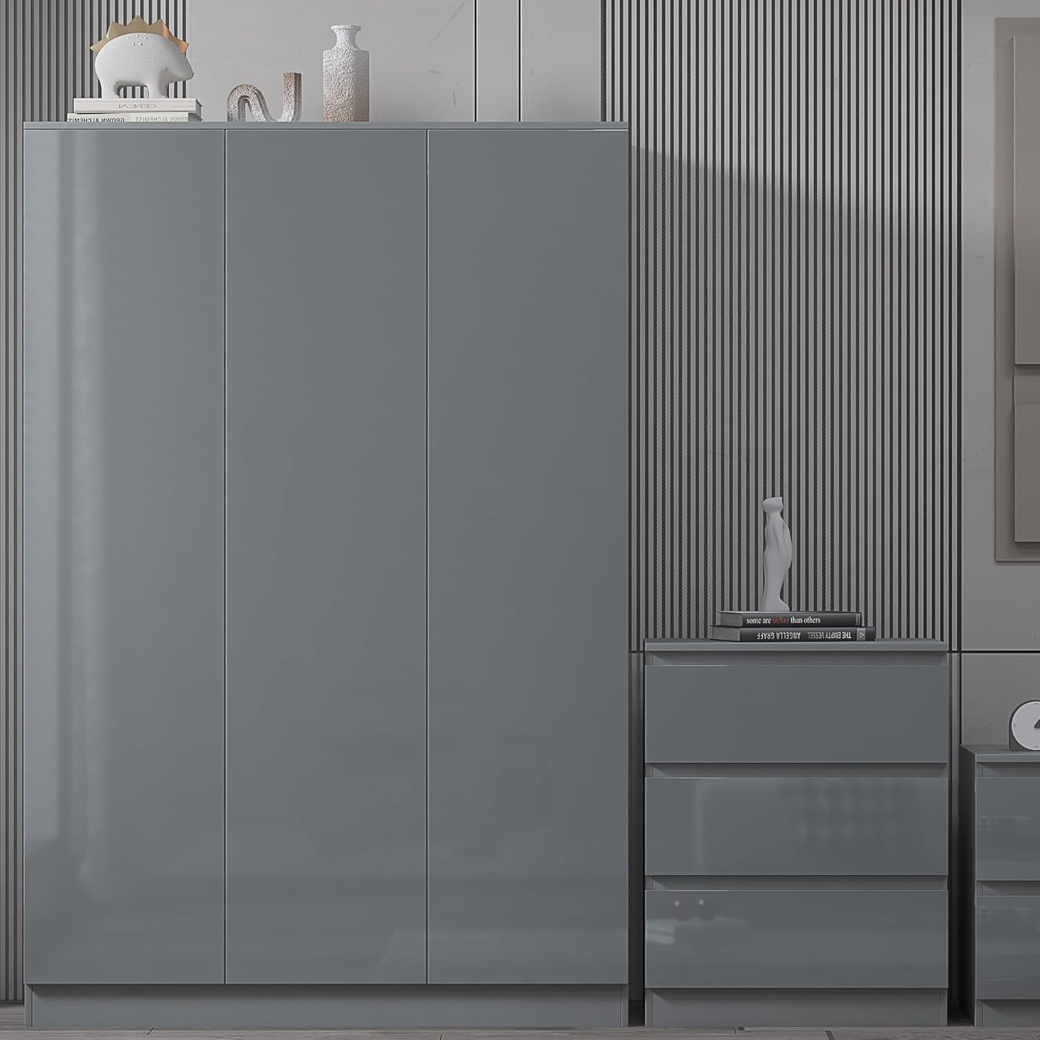 3 Door Grey Gloss Wardrobe with Hanging Rail & Shelves - 180cm x 120cm x 50cm