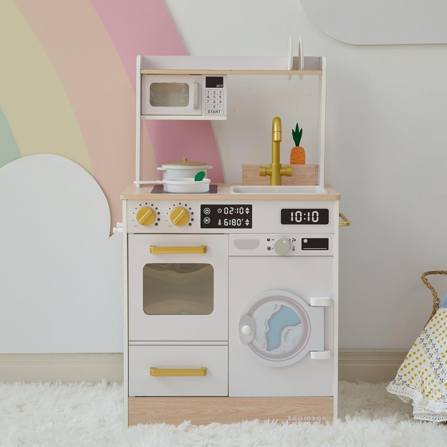 Wooden Kids Play Kitchen White Mini Garden Washing Machine Toy Set