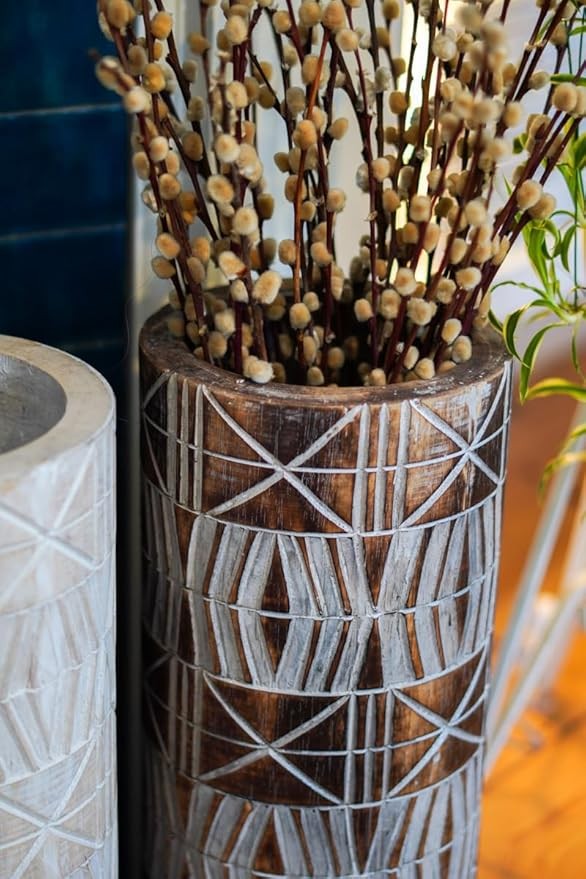 Tall Brown Wooden Floor Vase 50cm Handmade Tribal Boho Decor for Pampas