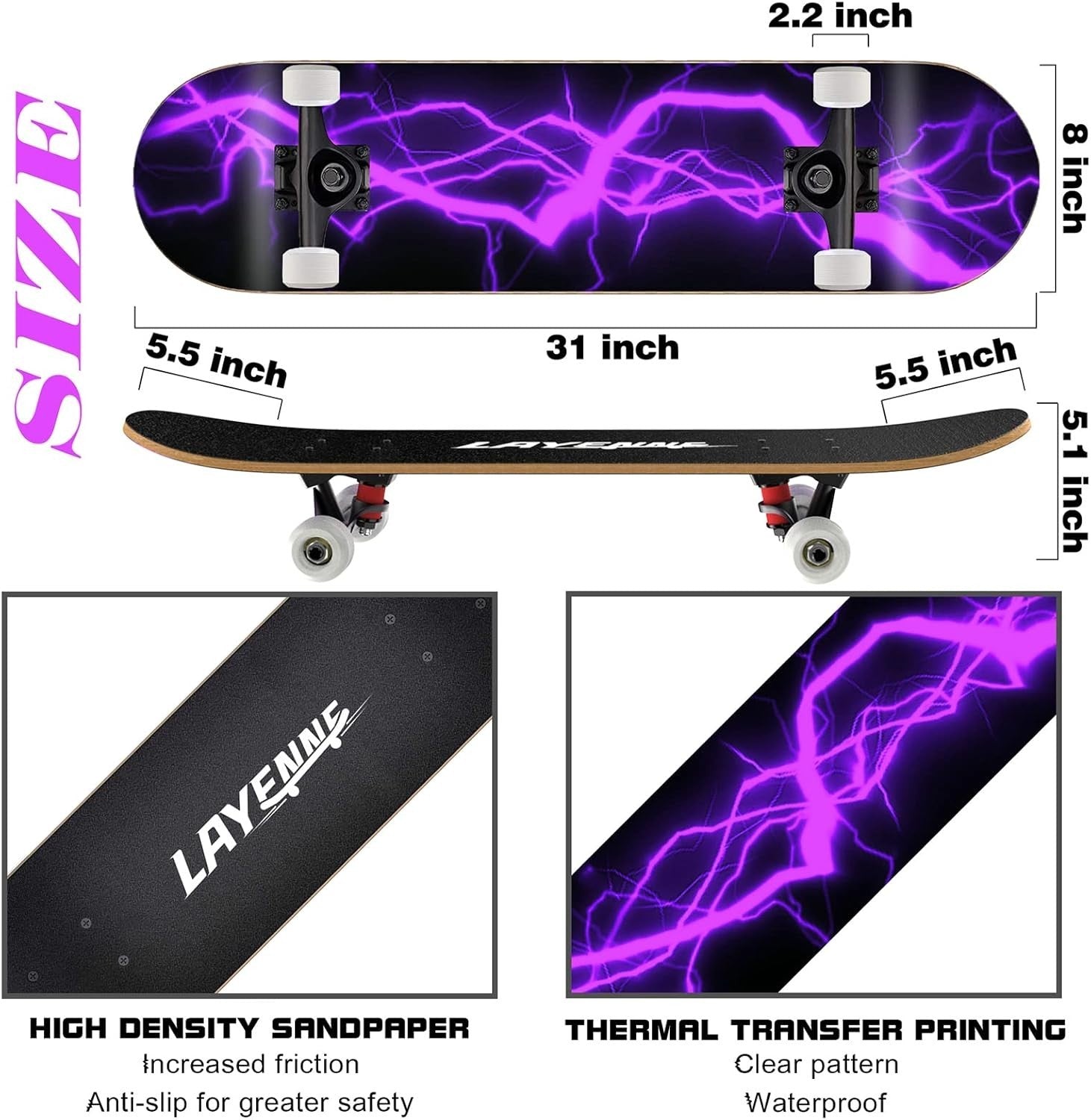31" Purple Skateboard for Adults & Teens | 7-Layer Maple Deck | ABEC-11 Bearings