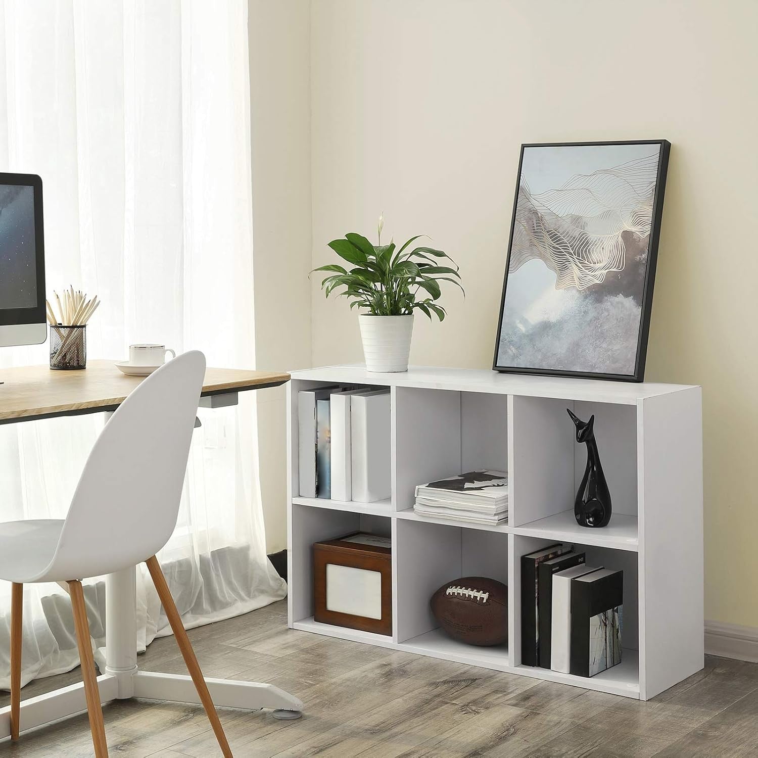 6-Compartment White Bookcase | Modern Cube Storage Shelf for Home Office Living