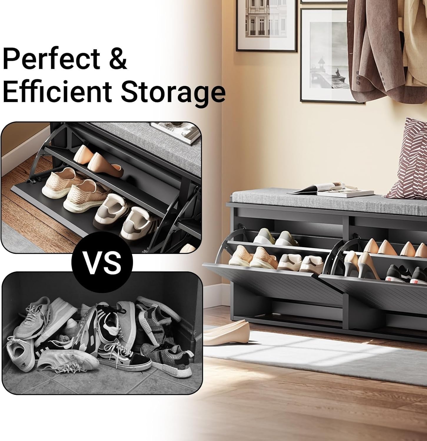 Modern Shoe Storage Bench with Cushion – 2 Flip Drawers, Holds 8 Pairs