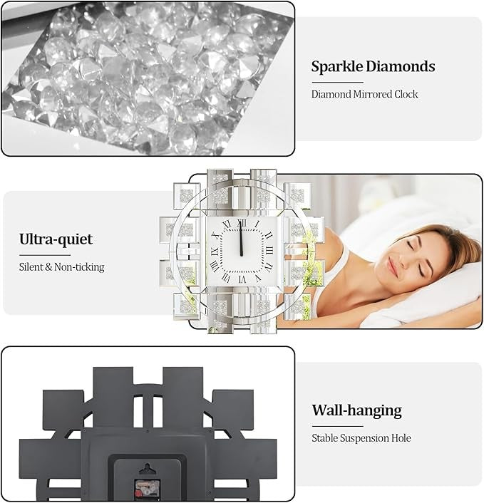 80cm Crushed Diamond Mirrored Wall Clock Luxury Large Silent Roman Decor