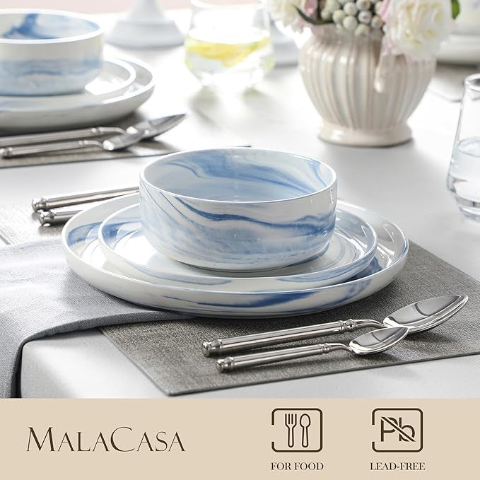 18 Piece Marble Blue Porcelain Dinner Set Plates Bowls Service for 6