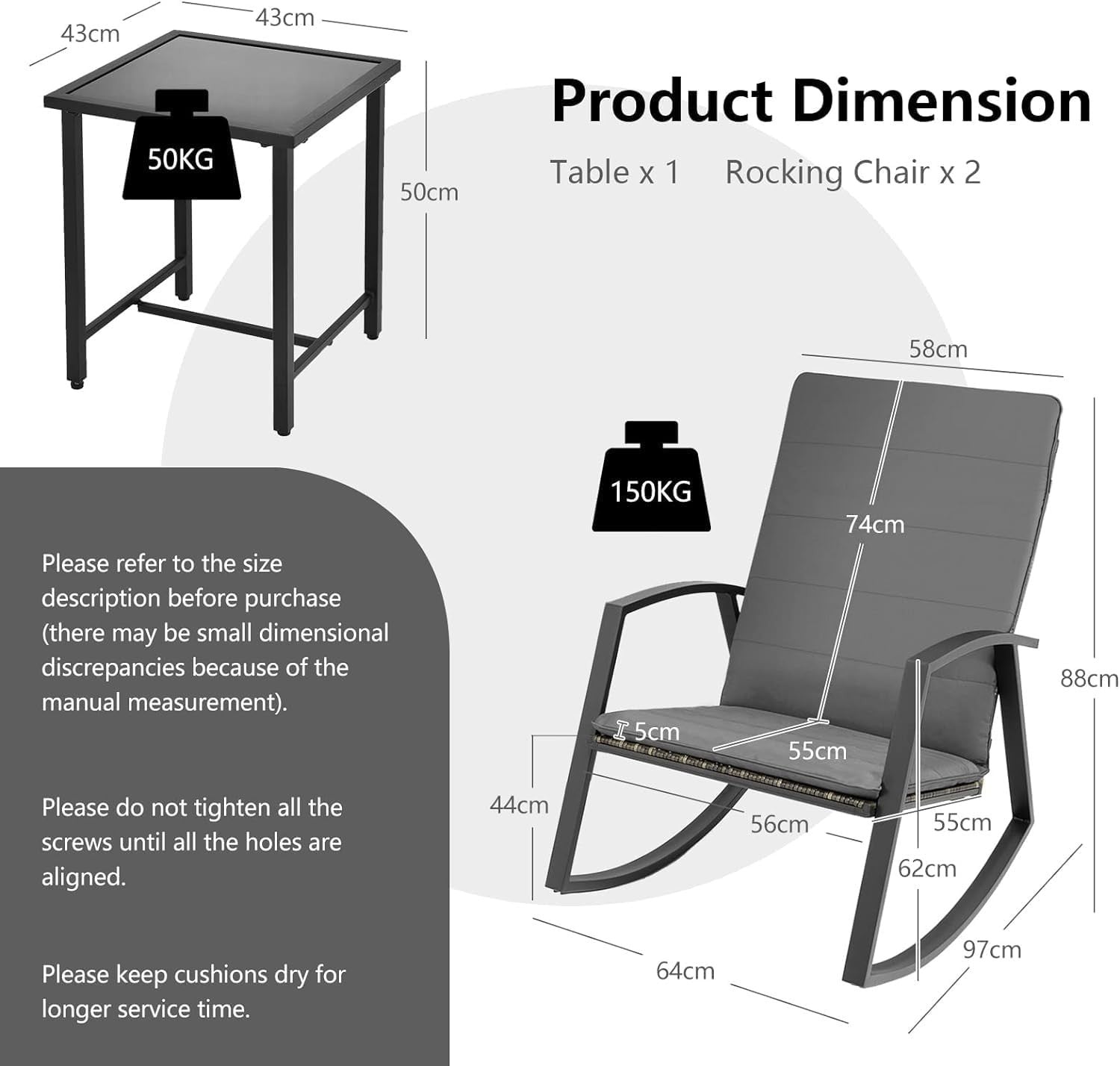 Patio Rocking Chair Bistro Set Cushioned Swing Seats Glass Side Table