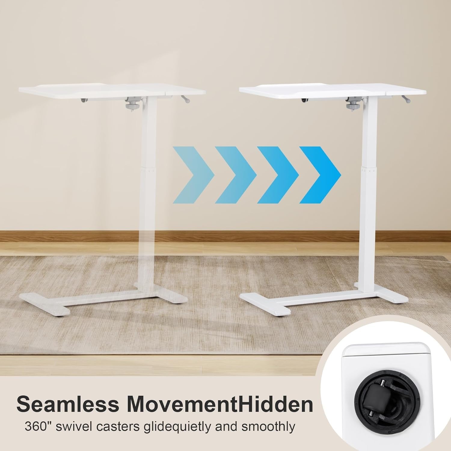 Overbed Laptop Table Height Adjustable Rolling Desk C Shape Tilt Top White