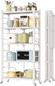 5 Tier Folding Storage Shelves Rolling Metal Rack Space Saving Kitchen Trolley