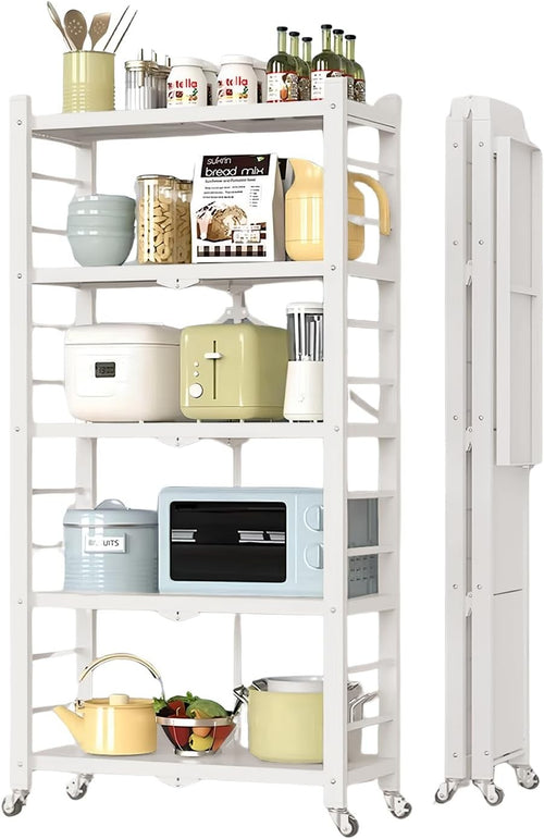 5 Tier Folding Storage Shelves Rolling Metal Rack Space Saving Kitchen Trolley